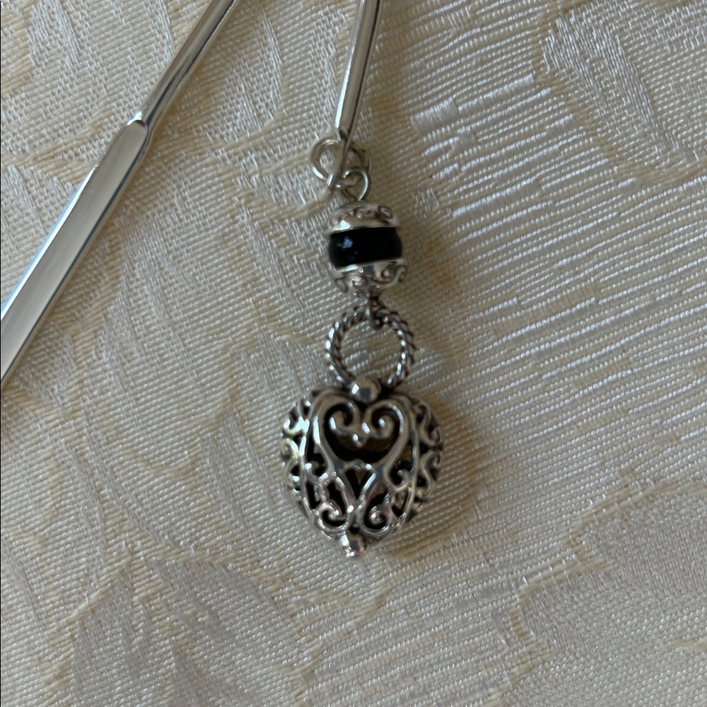 Silver Tone Brighton Bookmark with Filigree Heart Charm and Black Bead - Picture 2 of 5